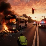 Figure in reflective vest kneeling beside injured with burning bus and paramedics rushing amid sunset traffic collision