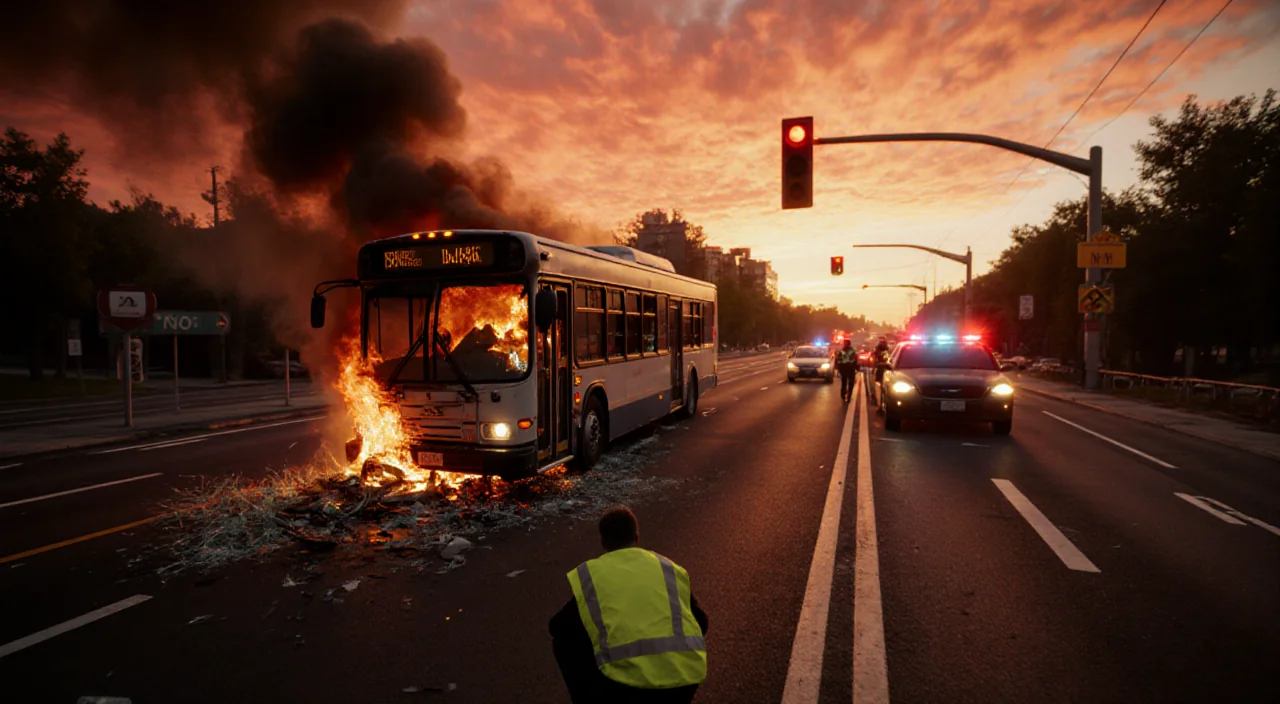 Figure in reflective vest kneeling beside injured with burning bus and paramedics rushing amid sunset traffic collision