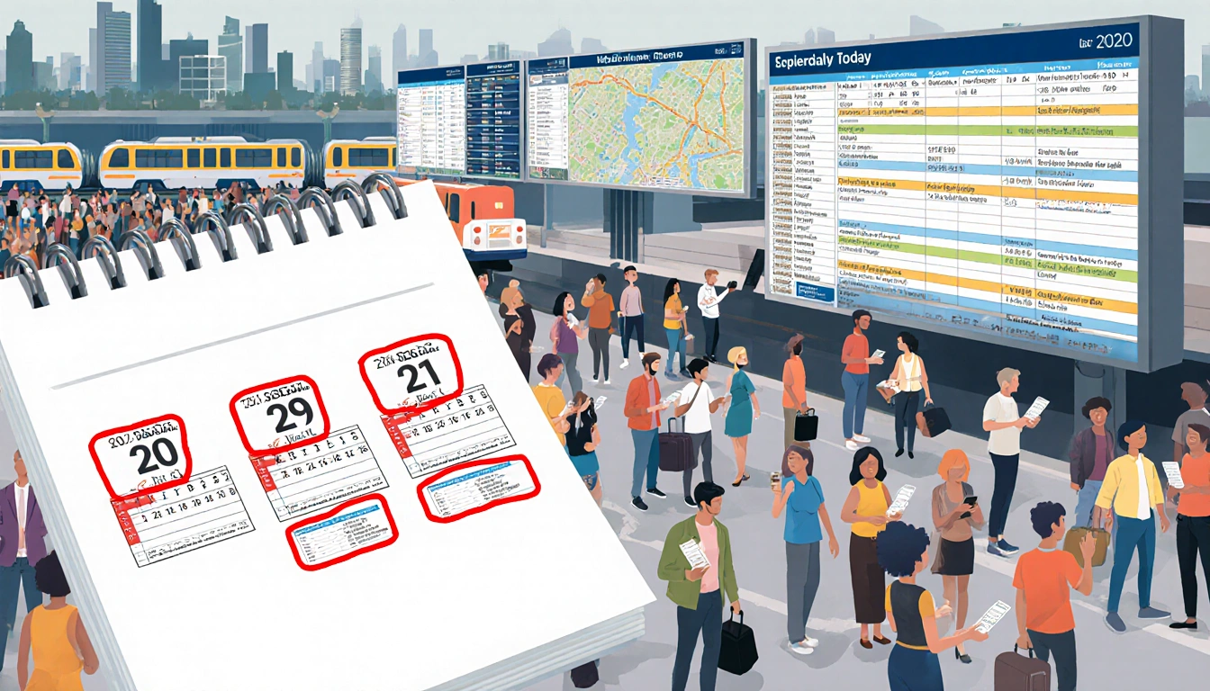 Crowd checking bus and train schedules with screens and a planner showing three red circled dates