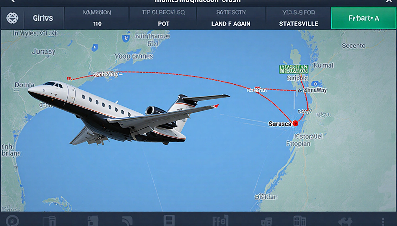 Business jet cruising toward return path with radar display below and flight plan map showing route and turbulence warnings