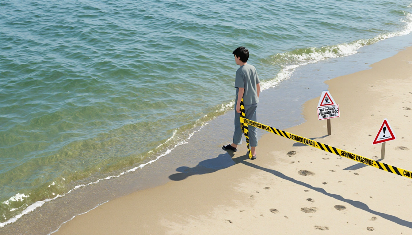 Person avoiding contaminated water and wet sand with caution tape and warning signs at Cabrillo Beach.