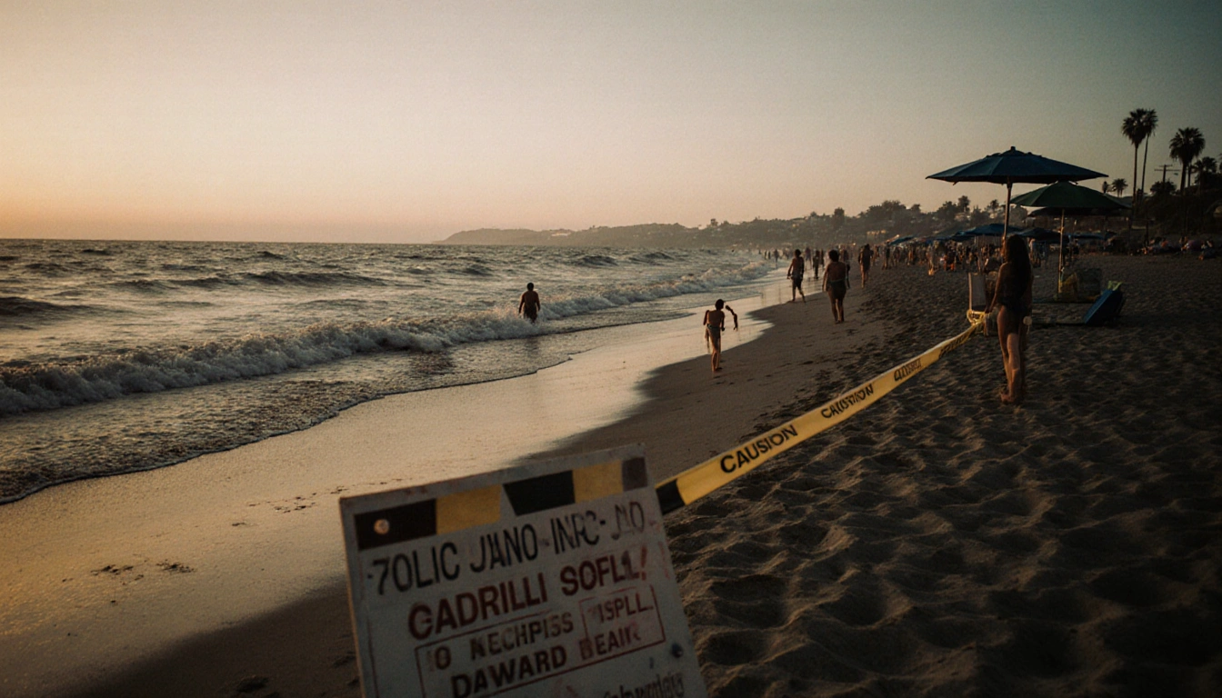 Beachgoers sunbathing with golden light on skin and warning signs near dark waterline.