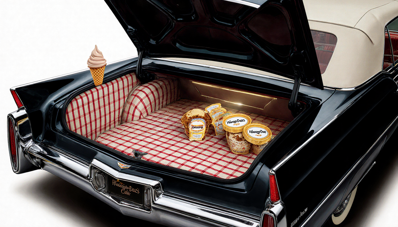 Vintage Cadillac trunk opening with Häagen‑Dazs cones and ice cream and a chrome armrest holding a cone glow from freezer.