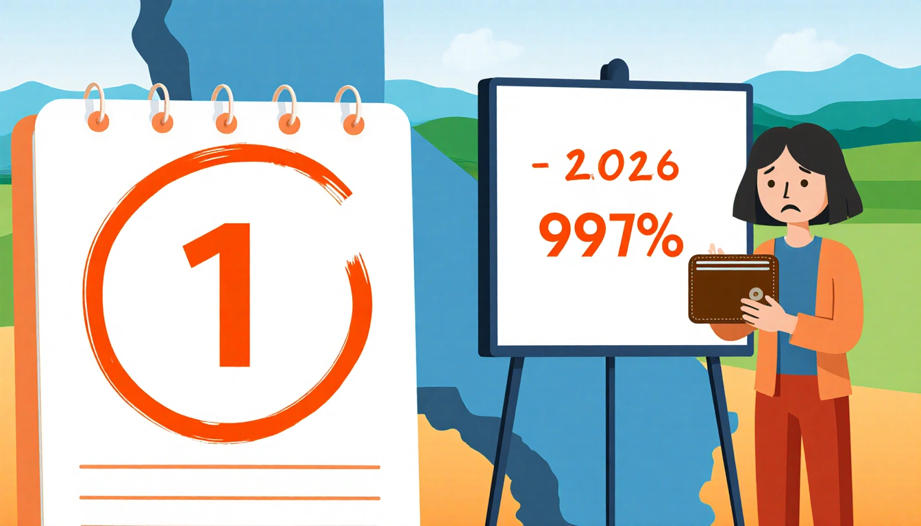 Worried Californian holding wallet and standing near board showing 97% premium increase with calendar page of January 1 circl