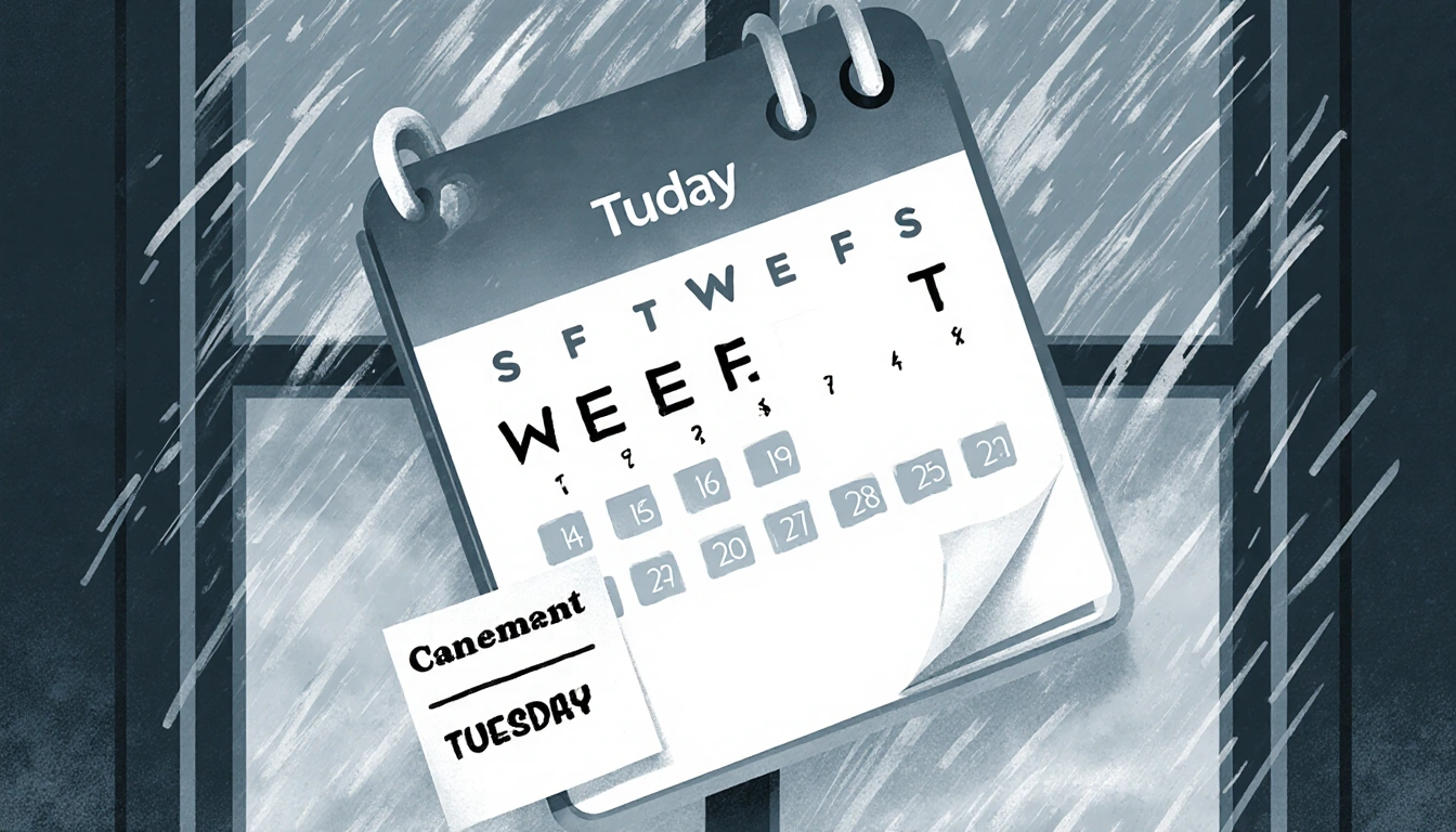 Calendar illustration showing Tuesday marked with notes and stormy window in muted blue background