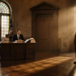 Governor Newsom sits at desk in California Capitol with stained glass sunrise light and a partially open door