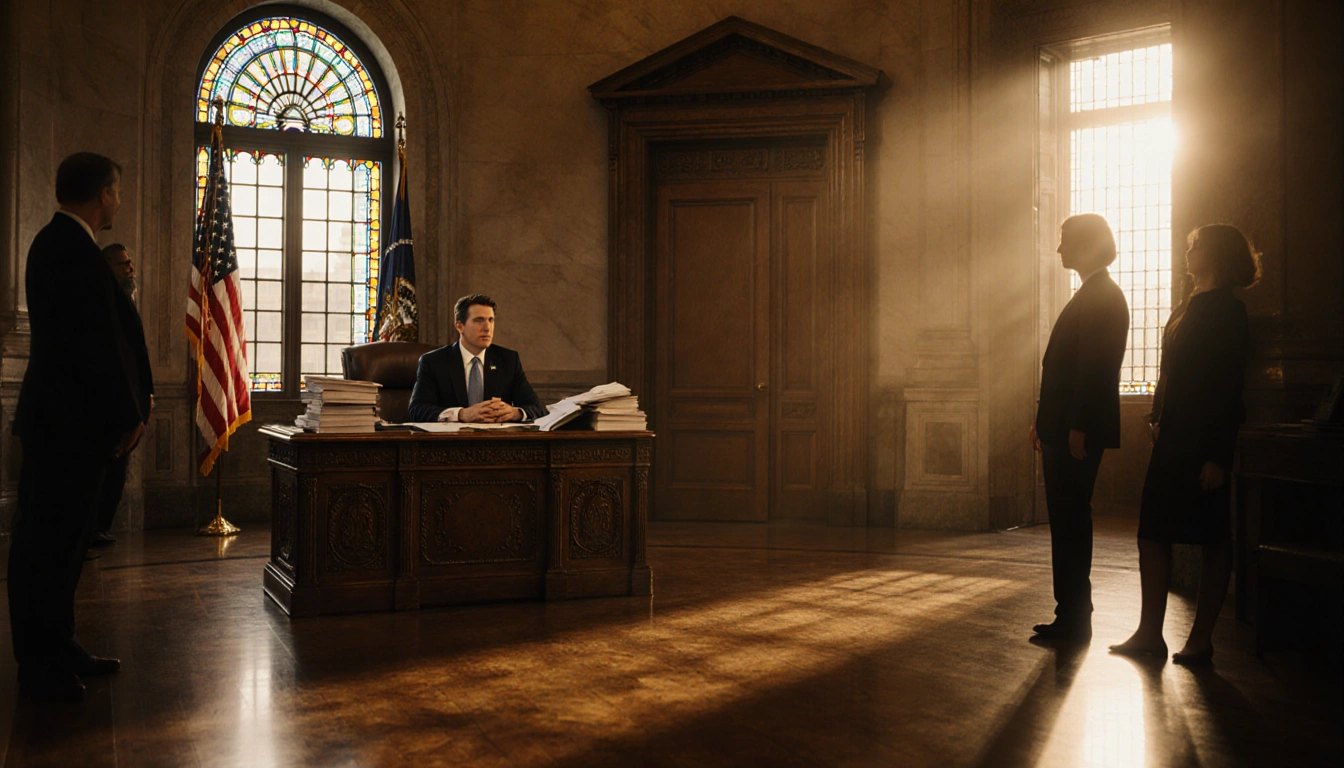 Governor Newsom sits at desk in California Capitol with stained glass sunrise light and a partially open door