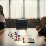 Young woman standing confidently looking at camera with crumpled California map in courtroom and older man slumped in chair