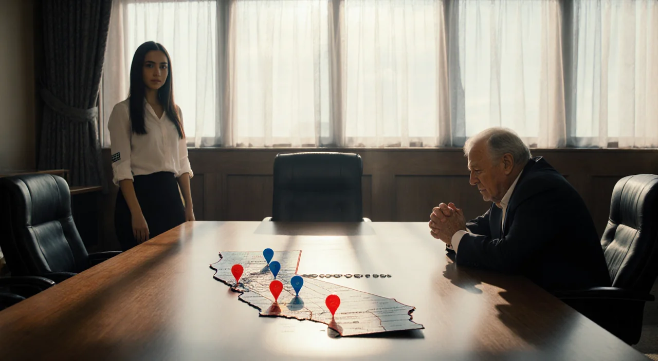 Young woman standing confidently looking at camera with crumpled California map in courtroom and older man slumped in chair