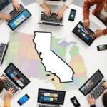 Californians sit around a table with laptops showing AI apps and smartphones with news over a blurred state map background