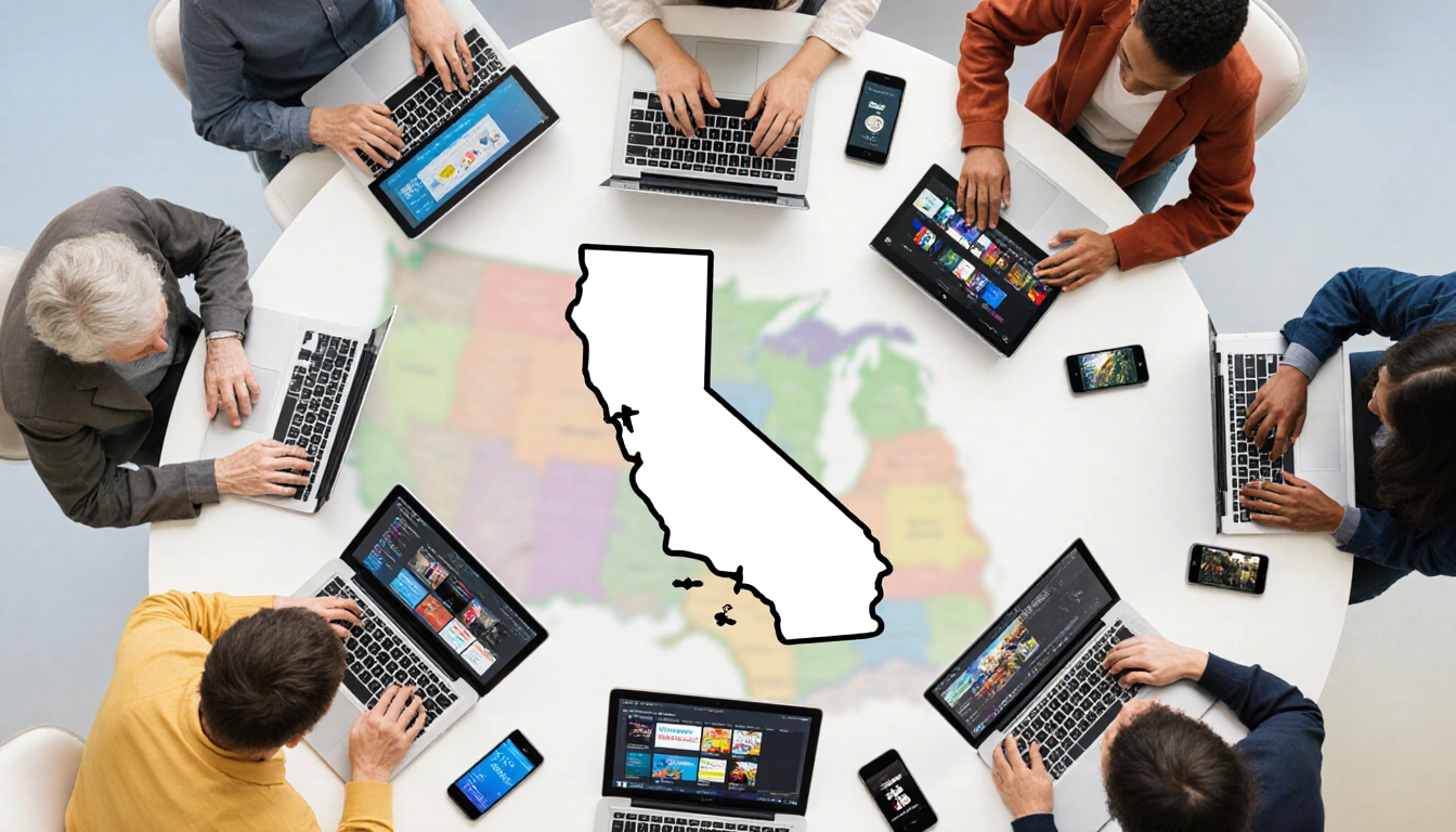 Californians sit around a table with laptops showing AI apps and smartphones with news over a blurred state map background