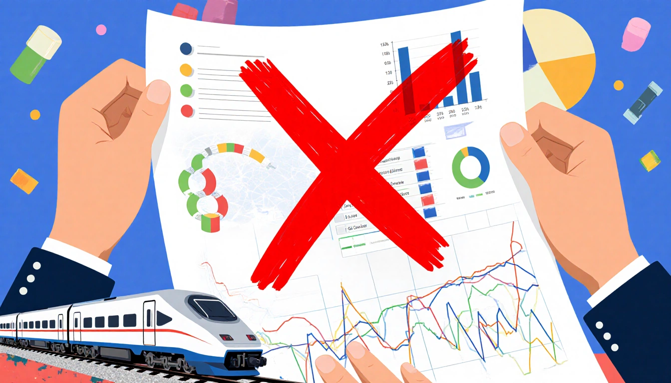 Official holding a map with a red X cancels federal funding with financial chart and train tracks in background