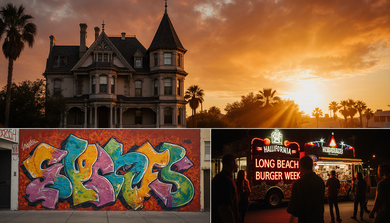 A food truck serves burgers with a sunset glow and spooky Halloween backdrop.