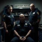 CHP technician handcuffed by officers with guilty eyes and a shelf of proprietary parts behind.