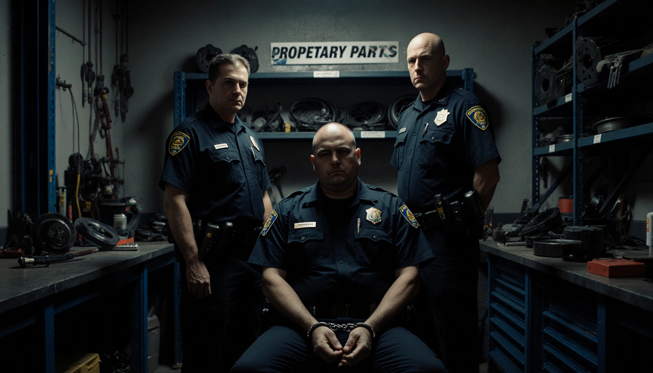 CHP technician handcuffed by officers with guilty eyes and a shelf of proprietary parts behind.