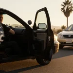 California Highway Patrol car with open door showing officer stops Toyota Corolla in Burbank with suspect vehicle near sign.