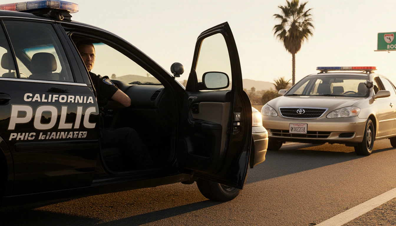 California Highway Patrol car with open door showing officer stops Toyota Corolla in Burbank with suspect vehicle near sign.