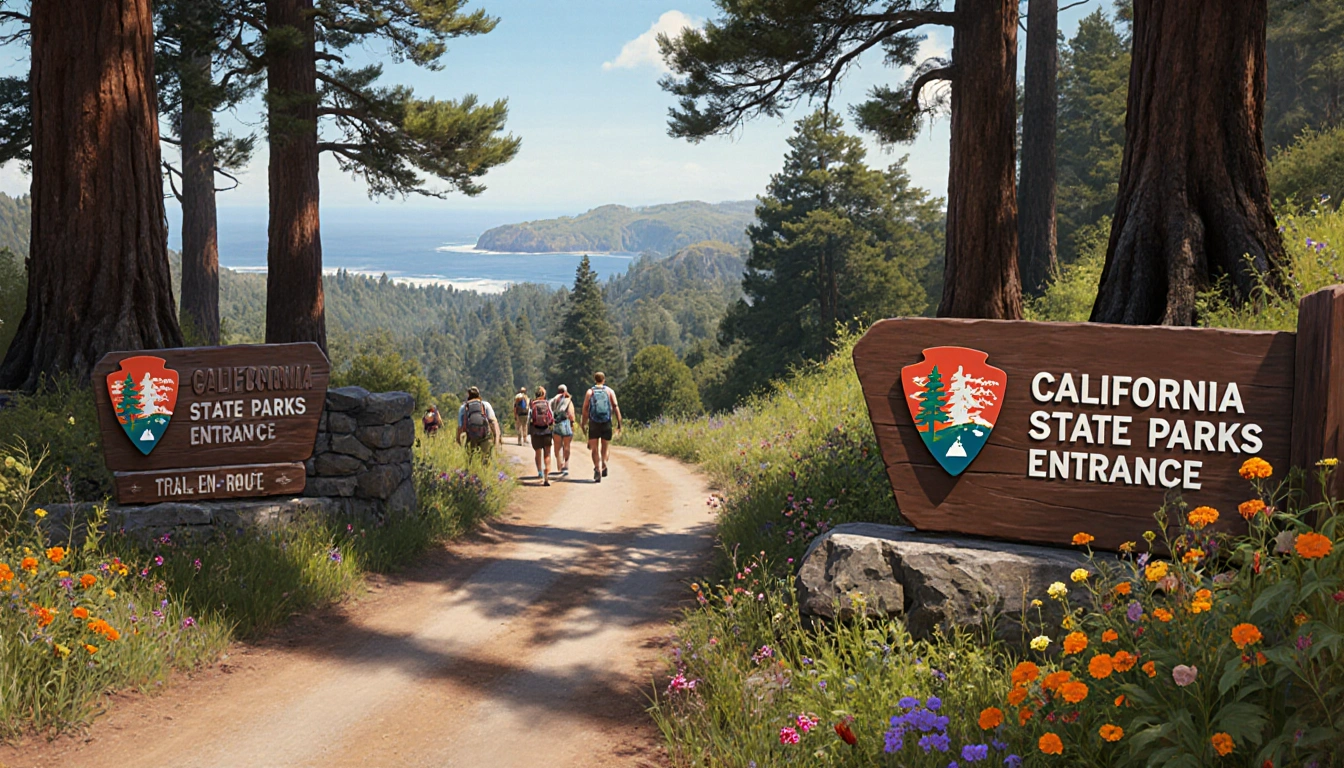 Hikers wander toward a park entrance with wooden signs and converging trails near redwood canopy.