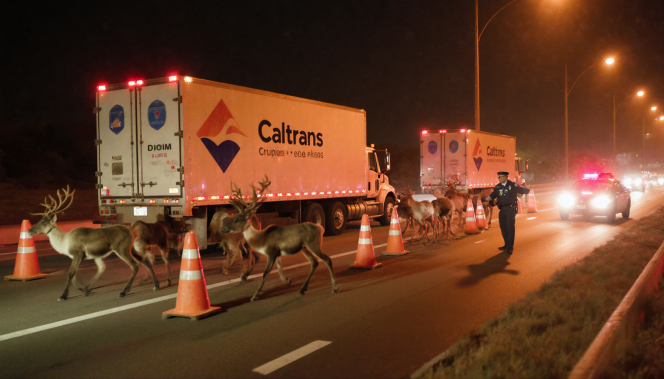 Caltrans trucks zigzag on the 5 Freeway with CHP officers directing a reindeer surrounded by barriers stands in the center at