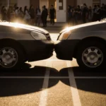 Cars face each other with bumpers barely touching and warm golden light casting long shadows in parking lot