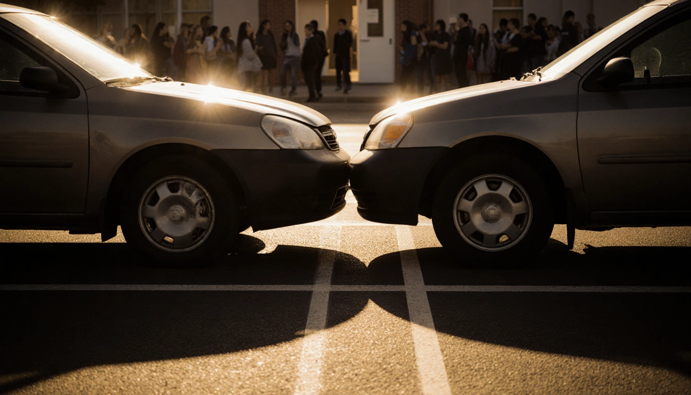 Cars face each other with bumpers barely touching and warm golden light casting long shadows in parking lot
