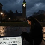 Student walking across dimly lit quad with Brown University clock tower looming in background and Campus Shooting headline on