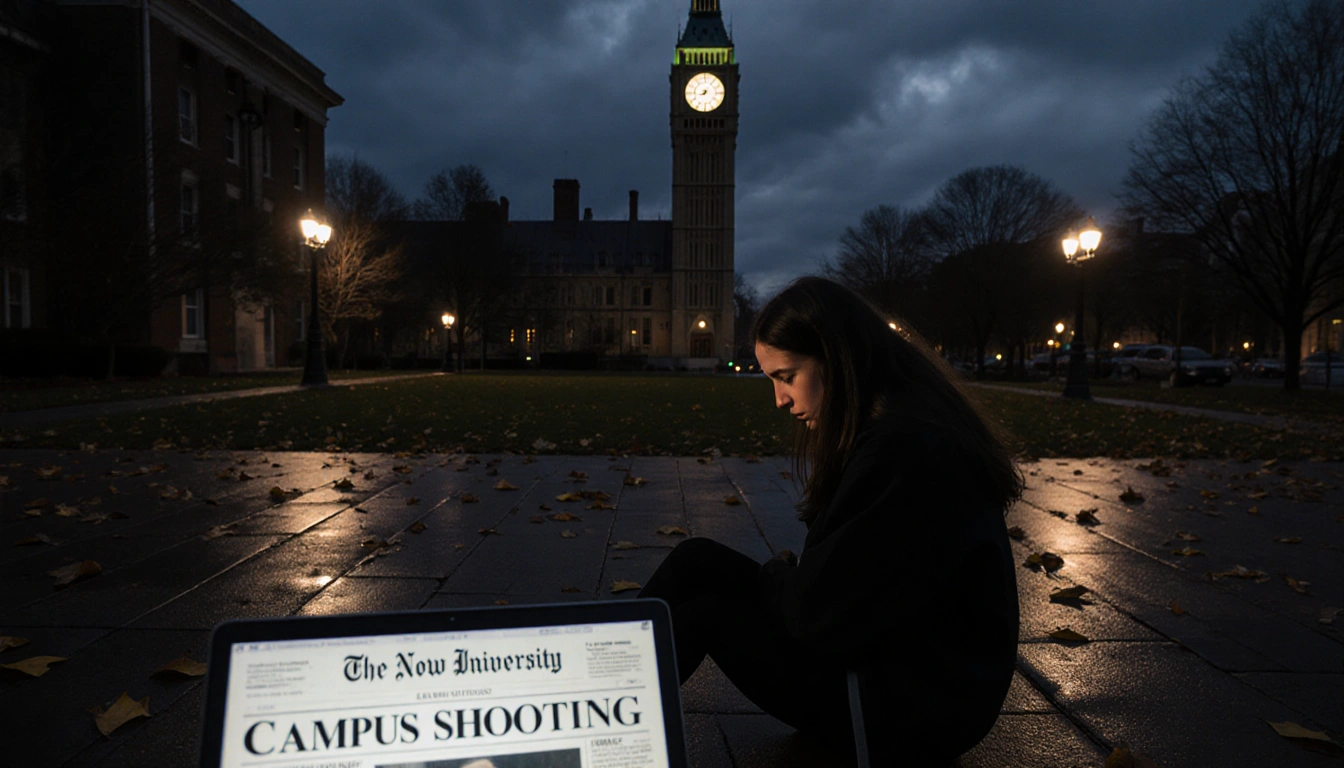 Student walking across dimly lit quad with Brown University clock tower looming in background and Campus Shooting headline on