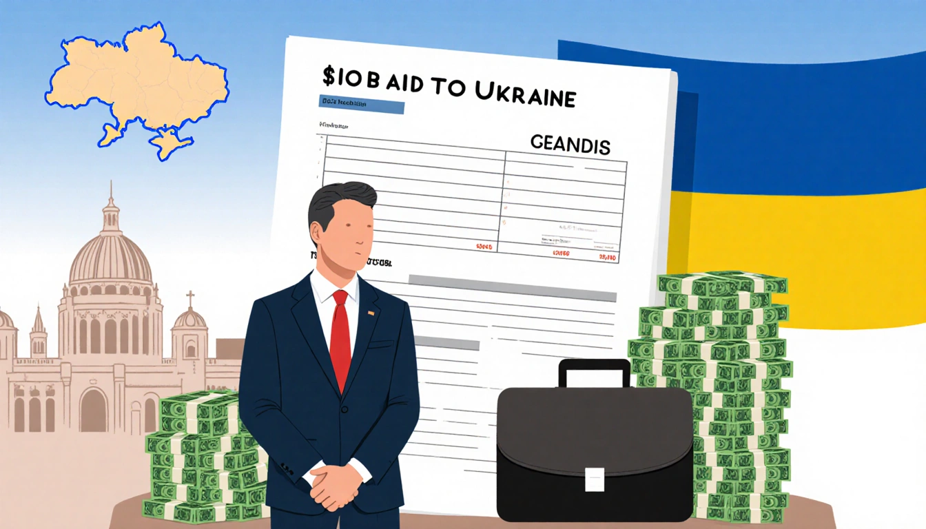 Mark Carney announcing $2.5B aid with a ledger and stack of dollar bills while a map of Ukraine hangs behind