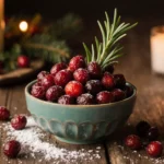 Candied cranberries in bowl glow with rosemary sprigs and candlelight on rustic wooden table