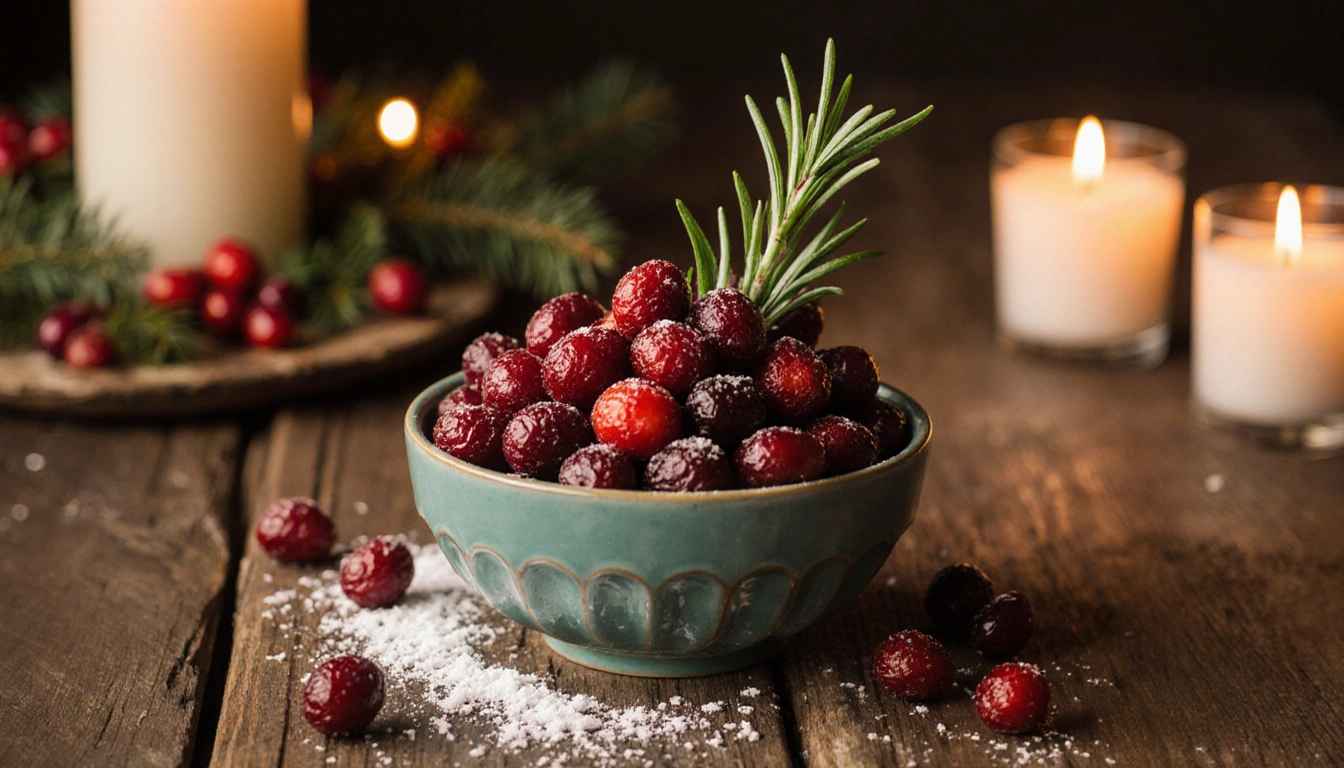 Candied cranberries in bowl glow with rosemary sprigs and candlelight on rustic wooden table