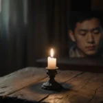 Ornate candle burning on worn wooden table with soft candlelight and blurred memorial photo of Mickey Lee in background