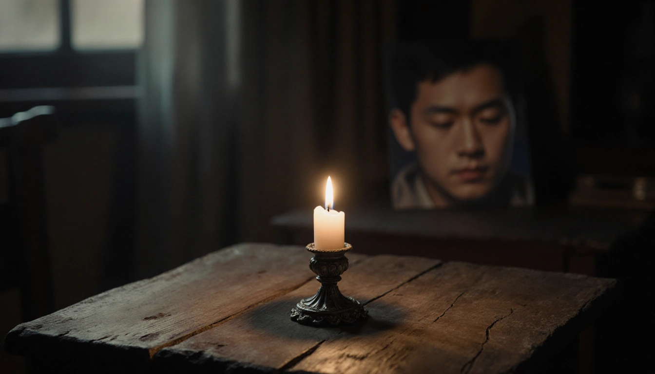 Ornate candle burning on worn wooden table with soft candlelight and blurred memorial photo of Mickey Lee in background