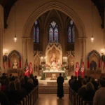 Congregants gather in pews with candle-lit altar and nativity scene and Christmas Eve cityscape backdrop.