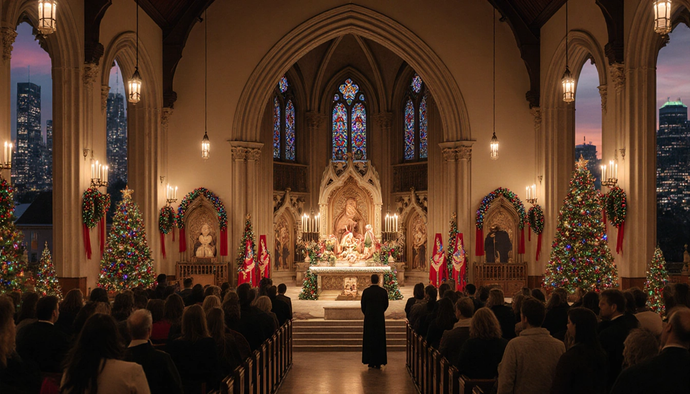 Congregants gather in pews with candle-lit altar and nativity scene and Christmas Eve cityscape backdrop.