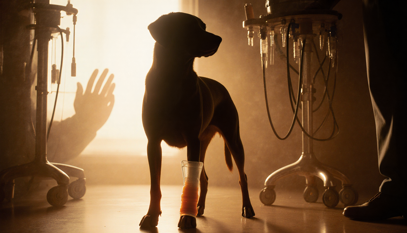 Canine Luke lying in recovery with a transparent cast on his leg and medical equipment nearby