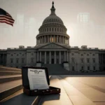 Capitol steps display an abandoned briefcase with a healthcare deal file with a flag waving nearby