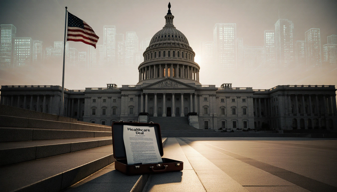 Capitol steps display an abandoned briefcase with a healthcare deal file with a flag waving nearby