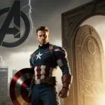 Chris Evans superhero stands heroically with shield and ancient glowing door against a dark cityscape