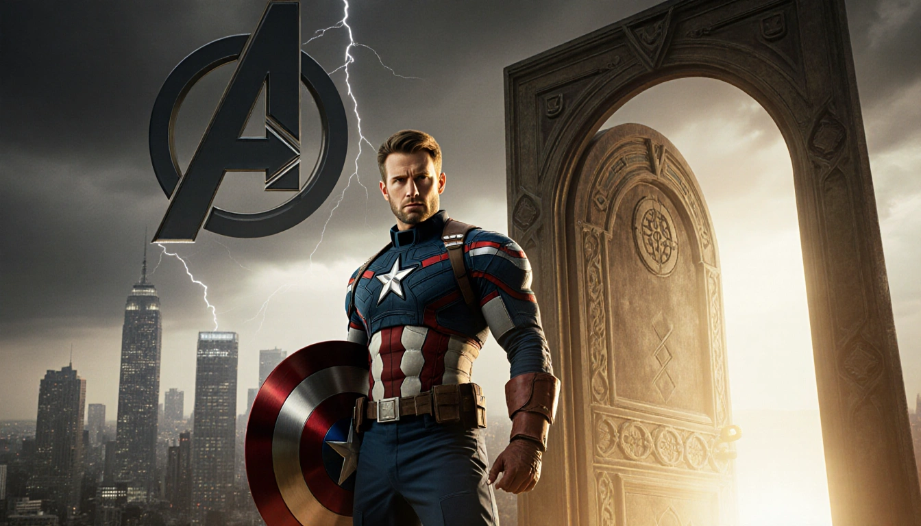 Chris Evans superhero stands heroically with shield and ancient glowing door against a dark cityscape