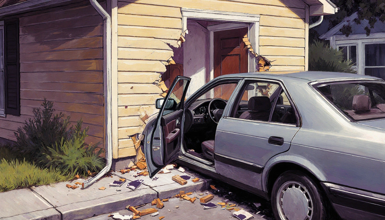 Car launching through a home wall with passenger door open and debris scattering inside