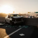 Car crumpling against median barrier with shattered glass and emergency lights