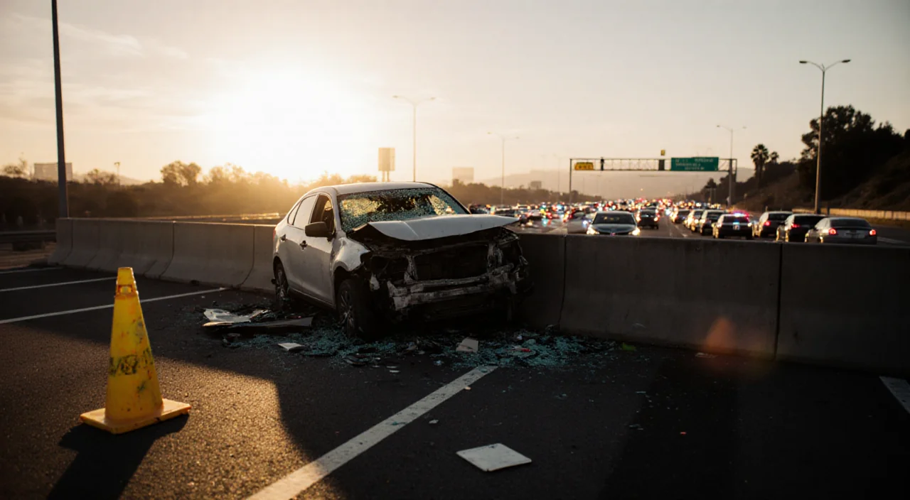 Car crumpling against median barrier with shattered glass and emergency lights