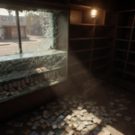 Broken display case shatters cards across floor with flickering security light and sunny street visible through broken window