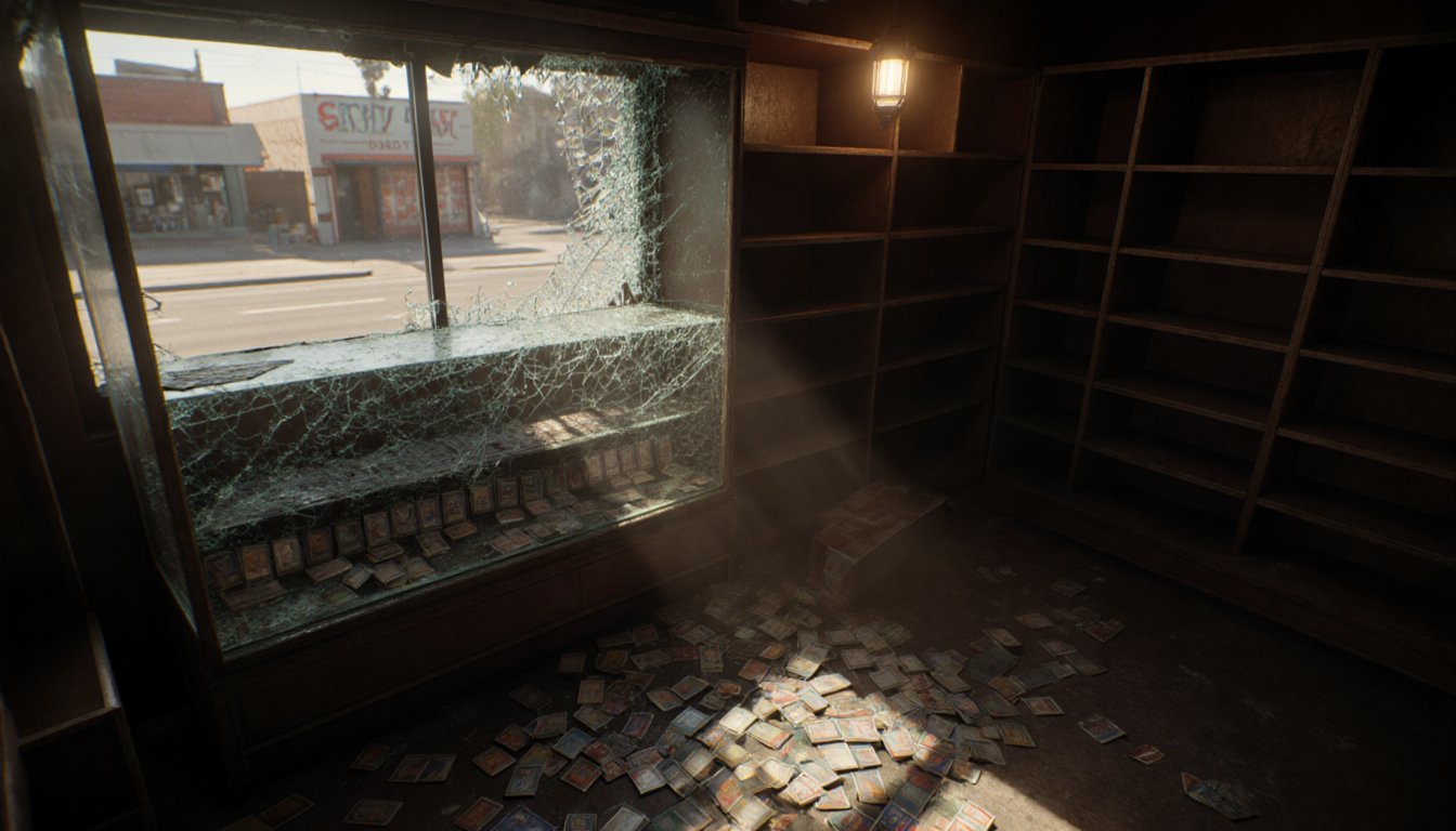 Broken display case shatters cards across floor with flickering security light and sunny street visible through broken window