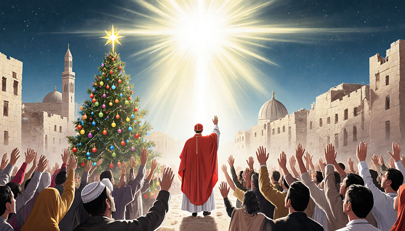 Cardinal Pizzaballa standing leading a diverse crowd in Bethlehem with arms lifted toward a bright star light.