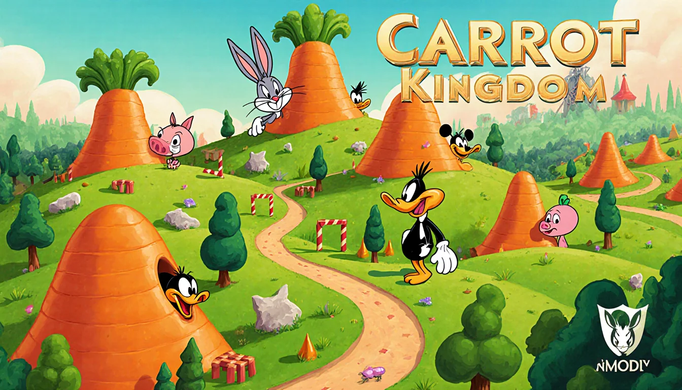 Bugs Bunny's Carrot Kingdom map shows rolling hills and carrot peaks with Daffy Duck and Porky Pig exploring the terrain