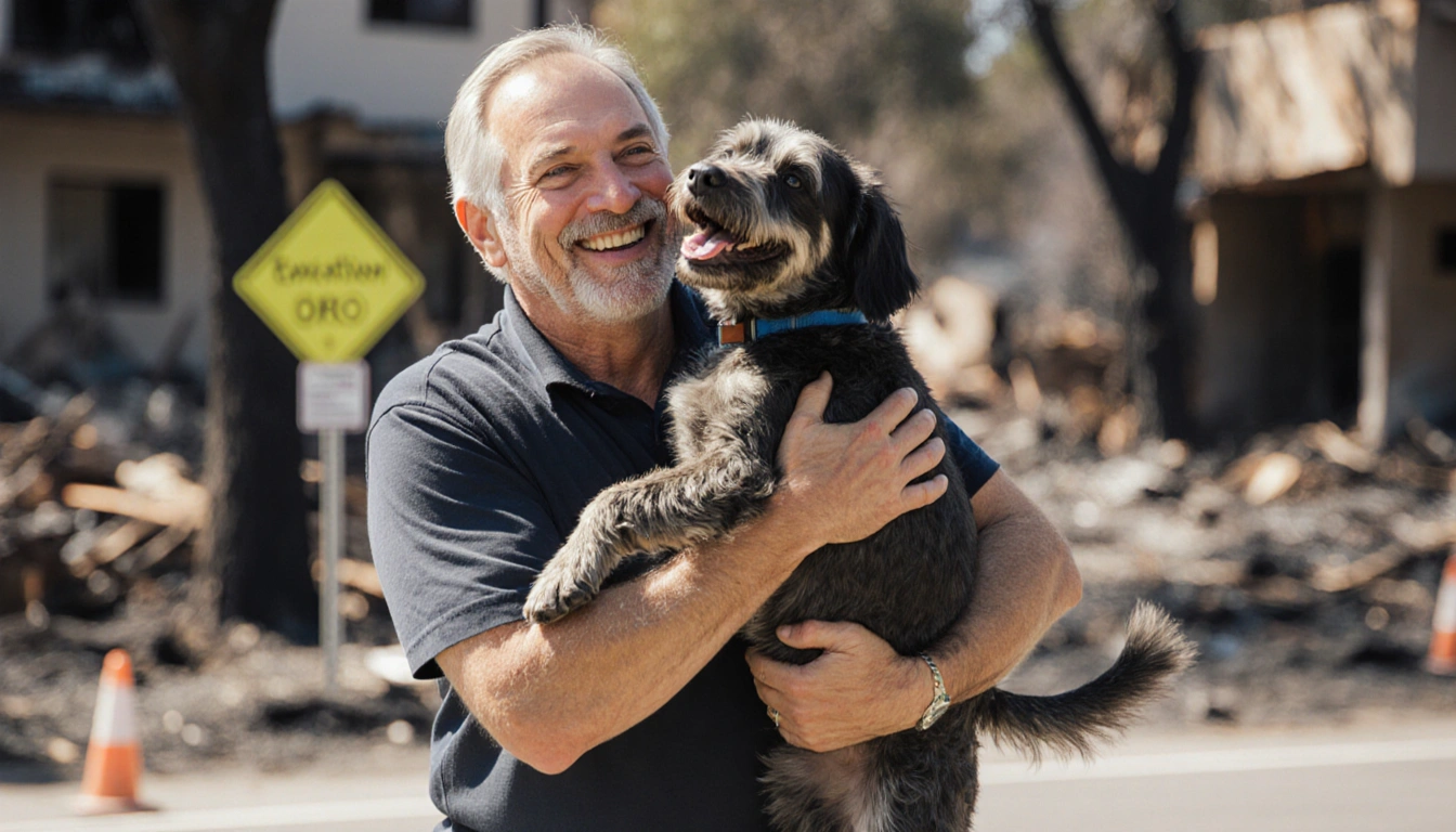 Casey Colvin embraces his dog Oreo with a gentle smile near charred trees and evacuation signs after the Palisades Fire