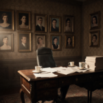 Desk filled with scattered papers and coffee cups with warm glow in old Hollywood casting room