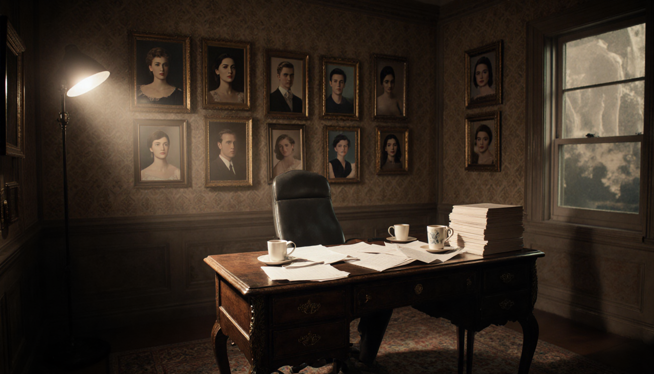 Desk filled with scattered papers and coffee cups with warm glow in old Hollywood casting room