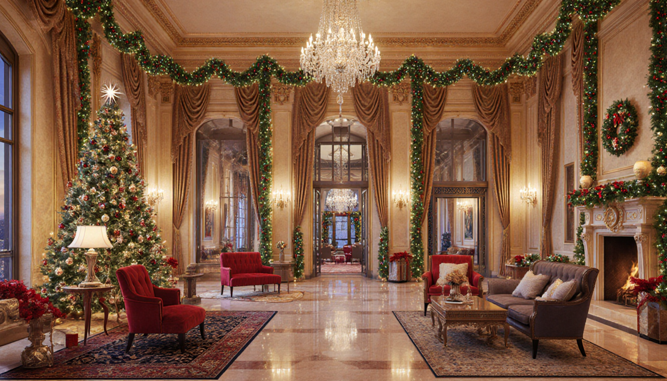 Lobby glows with intricate Christmas lights and garlands golden accents and large windows revealing luxury condo interiors